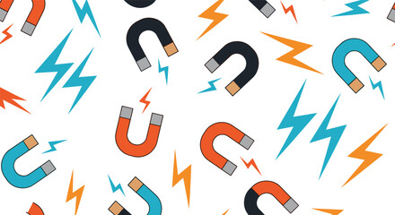 Colorful horseshoe magnets and lightning bolts pattern for science education and kids activities