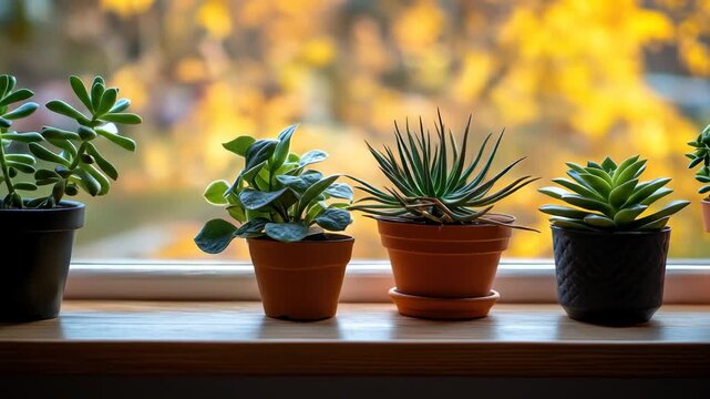 Succulents and other plants in terracotta and dark pots on a window sill