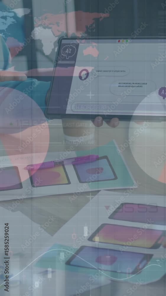Aufkleber discussing design concepts, team in office with animated data visualization overlaid