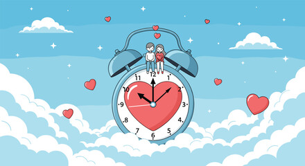 Couple atop a large alarm clock displaying a heart surrounded by clouds and hearts