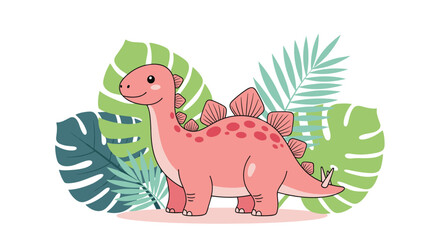 Cute pink dinosaur among green tropical leaves for childrens party decorations