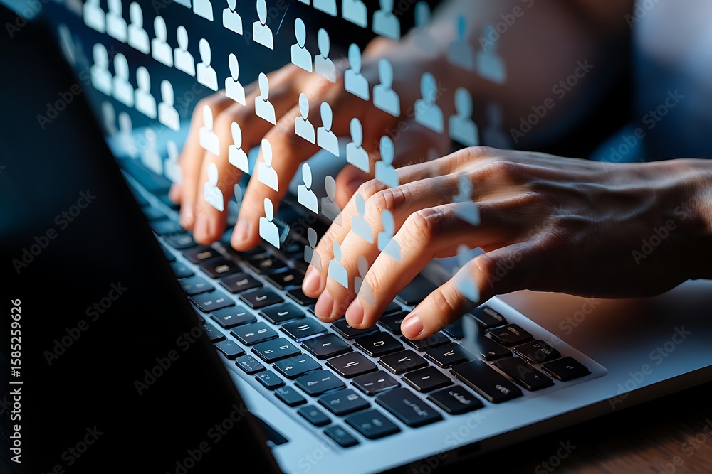 Poster close up of a person s hands typing on a laptop keyboard with an overlay of glowing human profile ic
