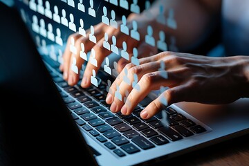 Close up of a person s hands typing on a laptop keyboard with an overlay of glowing human profile icons representing a network or data