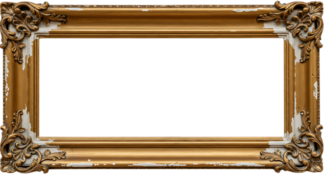 Blank gold baroque photo frame with ornate design. Vintage photography for an art gallery.