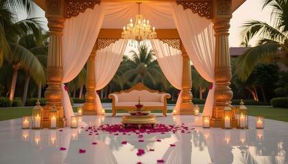 Kund-style wedding mandap surrounded by floating candles, pink petals, and gold arch decor