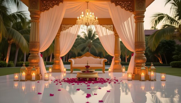 Kund-style wedding mandap surrounded by floating candles, pink petals, and gold arch decor