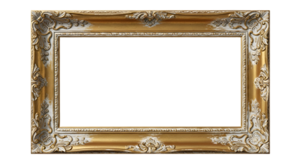 Blank gold baroque photo frame with ornate design. Vintage photography for an art gallery.