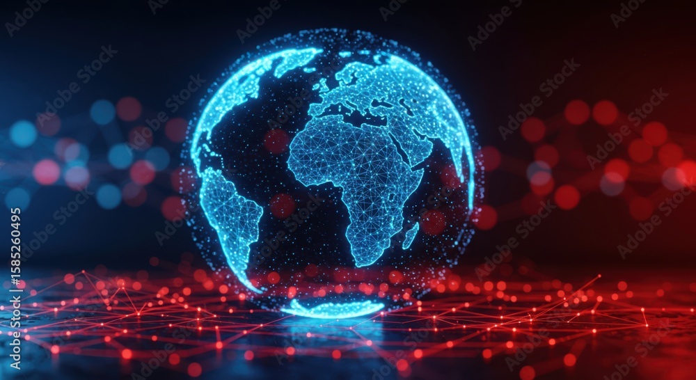 Poster abstract digital globe illuminated by neon blue light with red network connections and bokeh effects