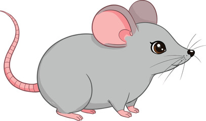 Cute Grey Mouse Illustration with Pink Ears and Long Tail, Small Rodent Animal Looking Right, Isolated on White Background for Pet or Pest Concepts, Adorable Cartoon Style.