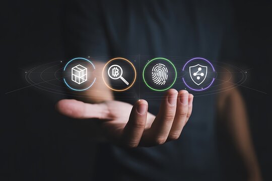 Digital security and cryptocurrency icons displayed over a person's hand bitcoin blockchain