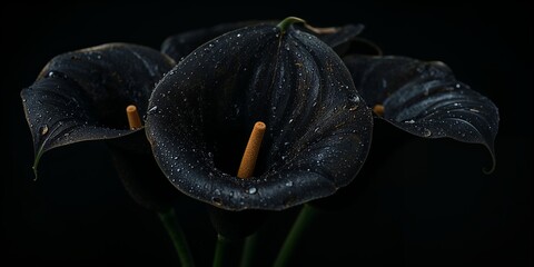 Striking Black Calla Lilies with Water Droplets Against a Deep Black Backdrop Close-up