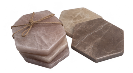 Stacked hexagonal coasters, light and dark shades of stone, tied with twine