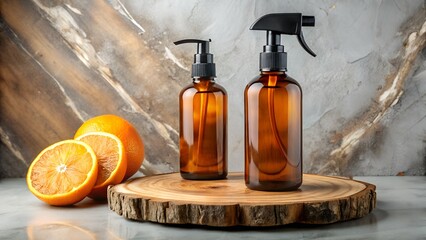 Two amber spray bottles with oranges and slices on a wood slice