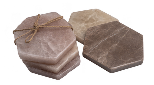 Stacked hexagonal coasters, light and dark shades of stone, tied with twine