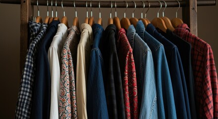 Neatly organized shirts hanging on wooden clothes rack
