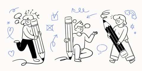 Little people holding big pencils. Sketch or creative concept character illustration.