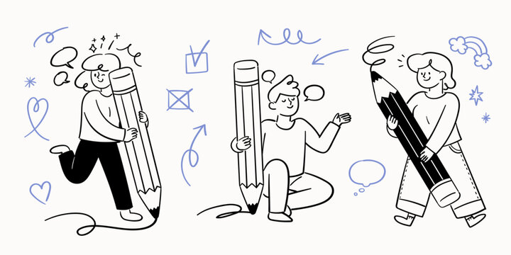 Little people holding big pencils. Sketch or creative concept character illustration.