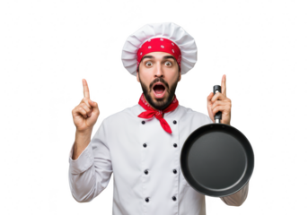 A surprised male chef in uniform holding a frying pan and pointing upwards with his finger, isolated on white isolated on transparent background