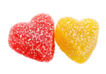 Two heartshaped gummy candies covered in sugar, one yellow and one red, isolated on a transparent background