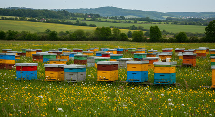 Colorful beehives stand in a vibrant meadow, surrounded by rolling hills.