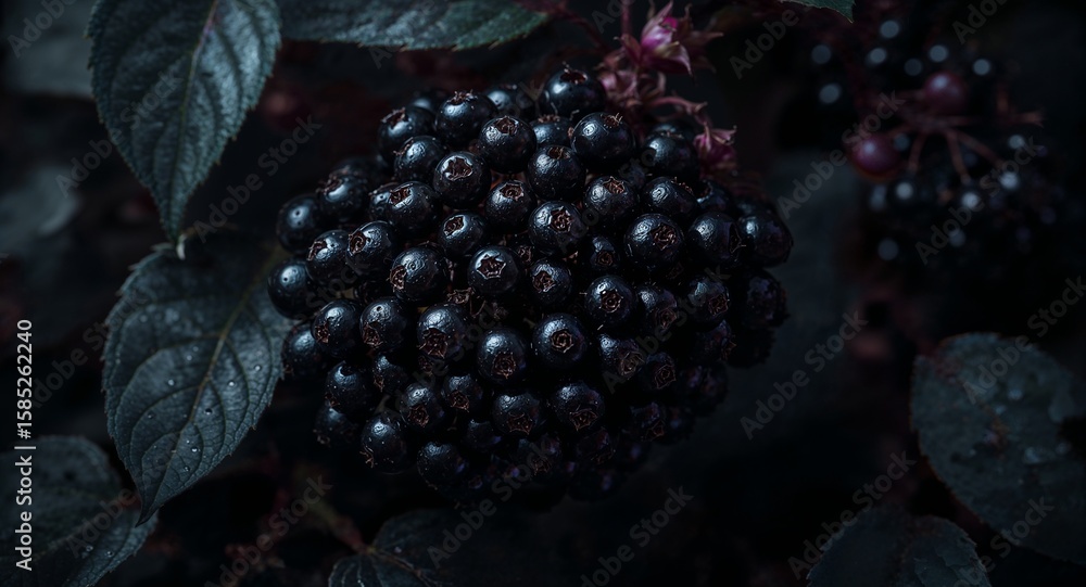 Poster dark chokeberries cluster with dew drops on leaves moody botanical macro