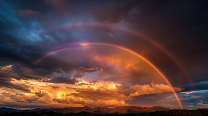 A golden sunset illuminates stormy clouds and a brilliant rainbow arcs overhead, creating a dramatic contrast in the sky