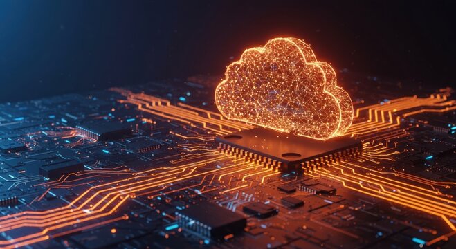 Digital cloud computing symbol illuminates circuit board with glowing orange data pathways and central processor - Powered by Adobe