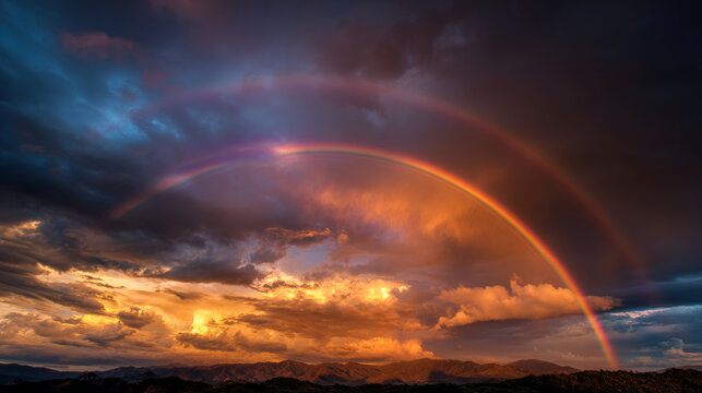 A golden sunset illuminates stormy clouds and a brilliant rainbow arcs overhead, creating a dramatic contrast in the sky - Powered by Adobe