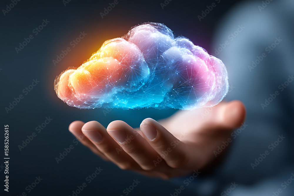 Aufkleber colorful digital cloud hovering above an open hand representing technology and innovation in a moder