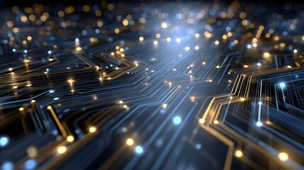 Futuristic circuit board grid with metallic gold and silver connections, glowing data nodes, and a dark blue background symbolizing networks, systems, and digital technology.