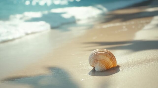 A shell lies on a beach near the ocean, perfect for seaside-inspired designs
