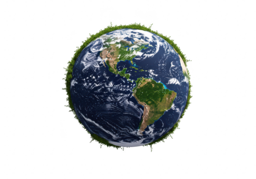 A vibrant depiction of planet earth, encircled by a lush green ring of grass, symbolizing environmental care and nature isolated on transparent background