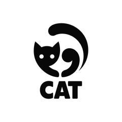 Simple Black and White Cat Logo Design with Curled Tail