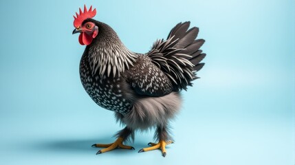 Striking Cochin Chicken Portrait on a Pale Blue Backdrop Showcasing Mottled Black and White Plumage and Distinctive Feathery Legs