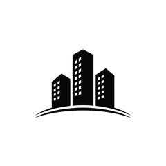 Black and White Cityscape Silhouette with Three Buildings and Curved Base