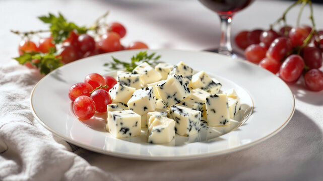 A white porcelain plate featuring blue cheese cubes, paired with red grapes and a glass of red wine.