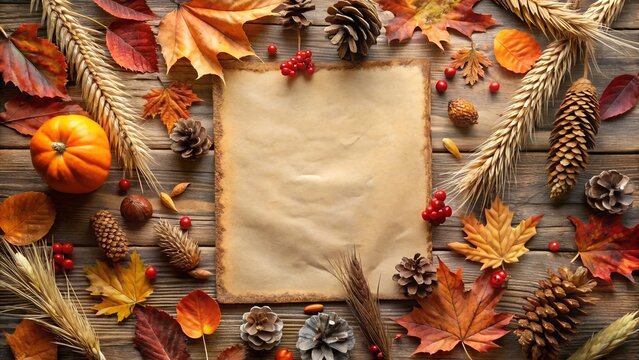 Autumn leaves and harvest elements frame a blank parchment paper - Powered by Adobe