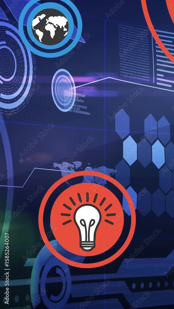Poster animation of digital icons over data processing in background