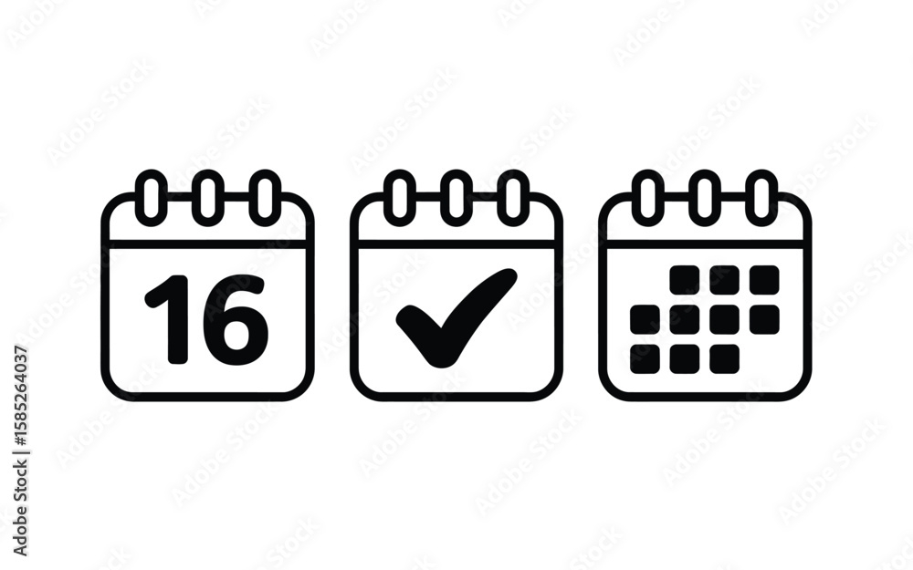 Poster calendar icons set with date checkmark and grid representation