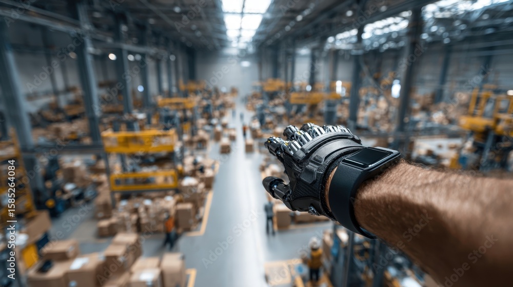 Poster dynamic scene inside a sprawling warehouse where a sleek robot is assigning tasks post biometric sca