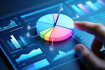 Close up of a finger interacting with a futuristic digital interface displaying a colorful pie chart and various financial graphs and data visualizations on a dark blue background
