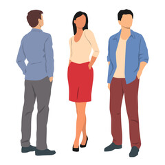  Set of two young men and woman, profile, different colors, cartoon character, group of silhouettes of standing business people, students, design concept of flat icon, isolated on white background