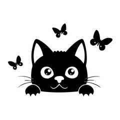 Cute Black Cat Peeking with Big Eyes and Butterflies Vector Silhouette Illustration