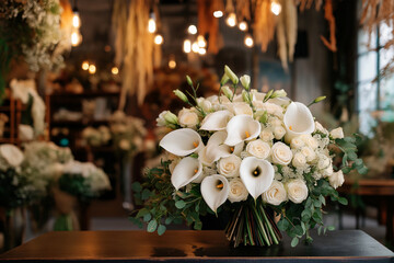 Grand bridal bouquet featuring pure white calla lilies surrounded by roses in a floral shop setting during evening hours