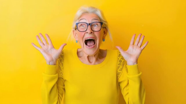 Elderly woman yelling or exclaiming in shock.