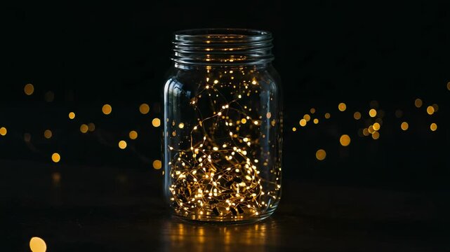 Golden Lights In A Glass Jar On Dark Background