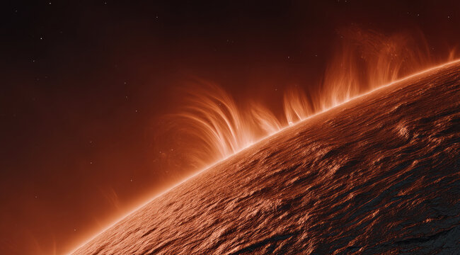 Close up of Sun surface solar flare plasma glowing astronomy science space heat energy dramatic cosmic