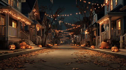 Halloweenowa noc na udekorowanej ulicy