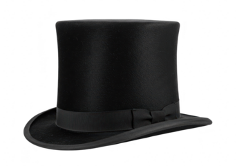 A classic black top hat with a ribbon band, isolated on a transparent background