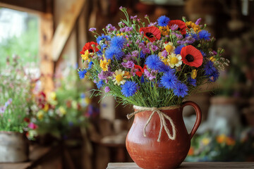 Vibrant bouquet of mixed wildflowers arranged in a rustic pot at a serene garden setting